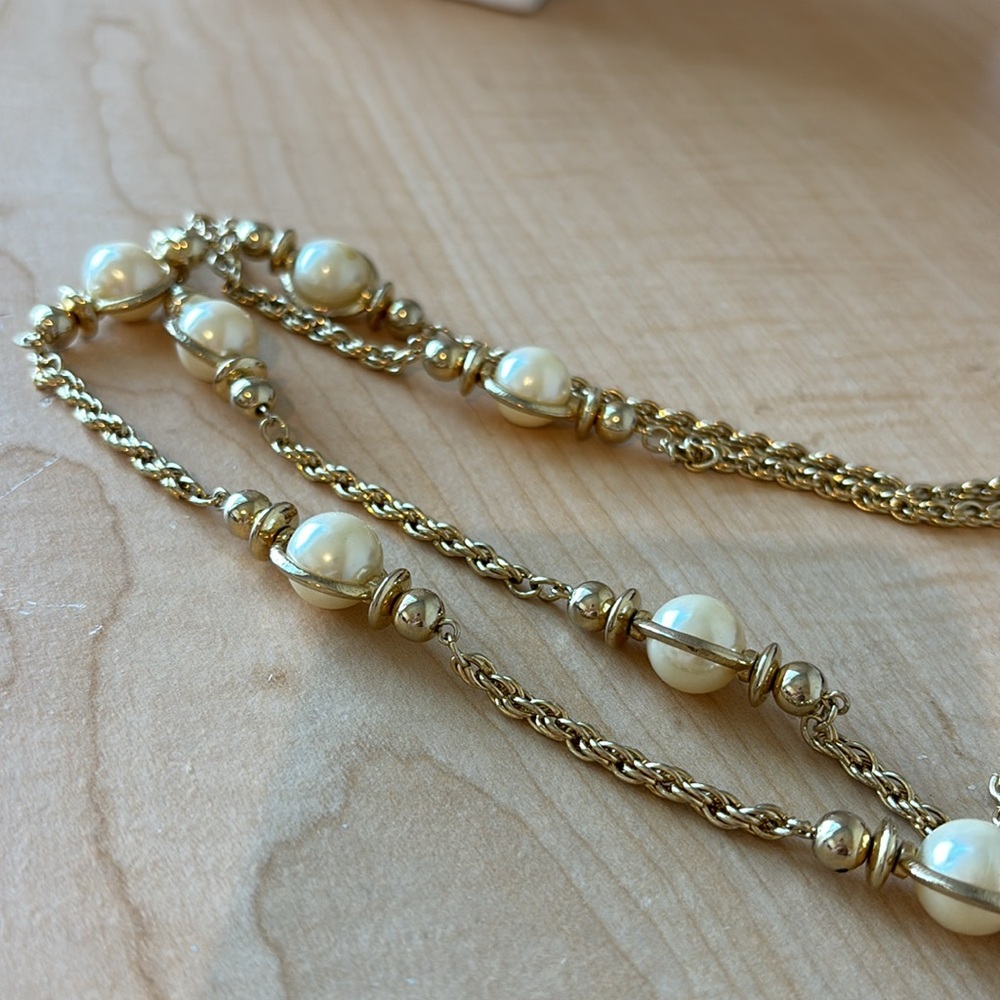 Faux pearl stations necklace/ gold tone chain with no tarnish
